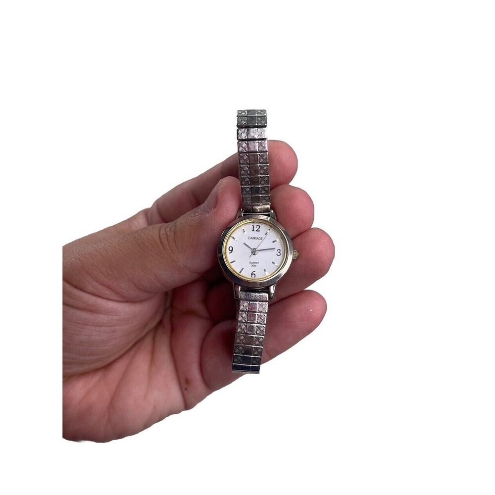 CARRIAGE Timex Watch Women Silver Tone Round WR 30M Stretch Band JOH